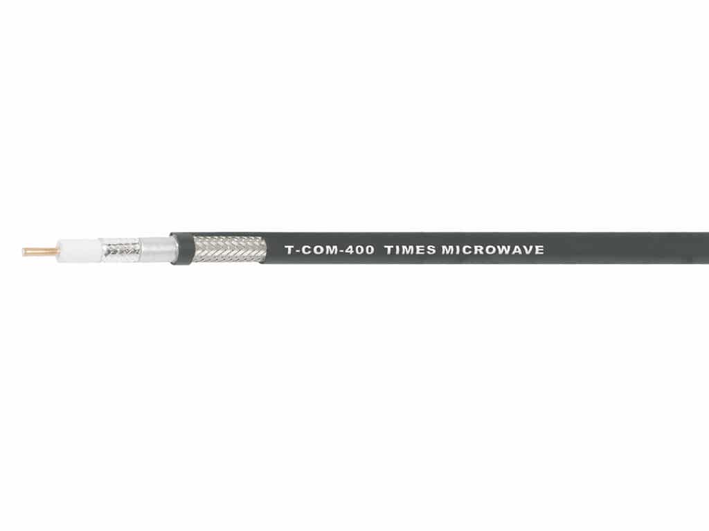 Low-loss TCOM-400 coaxial cables featuring a multi-layer shield to deliver a low PIM option and a black polyethylene jacket.