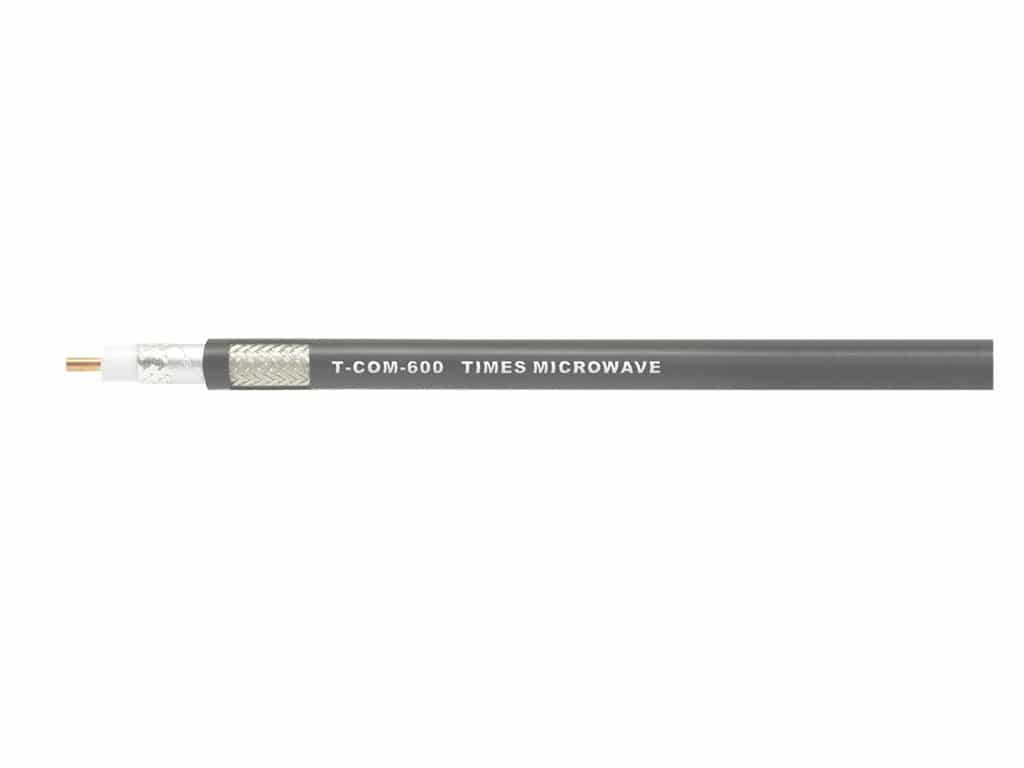 Low-loss TCOM-600 coaxial cables featuring a multi-layer shield to deliver a low PIM option and a black polyethylene jacket.