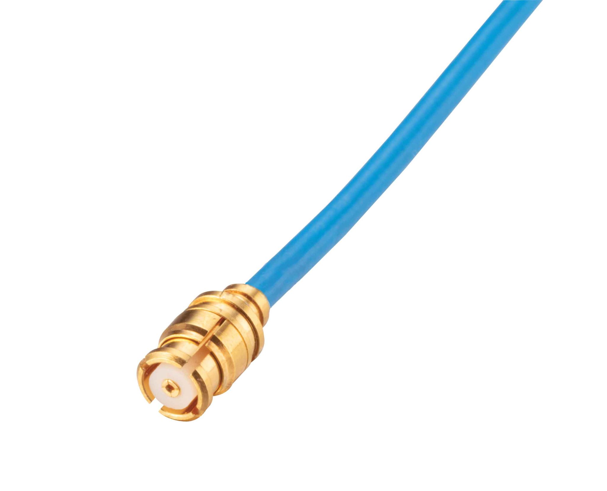 TF-047 micro-coaxial cable with a blue FEP jacket and diameter of 0.0550 in with an SMP connector for applications up to 50 GHz.